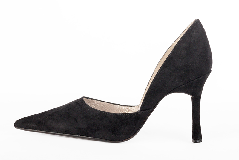 Matt black women's open arch dress pumps. Pointed toe. Very high slim heel. Profile view - Florence KOOIJMAN